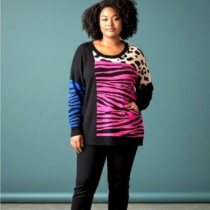 Torrid Black and Hot Pink Colorblock Animal Print Sweater